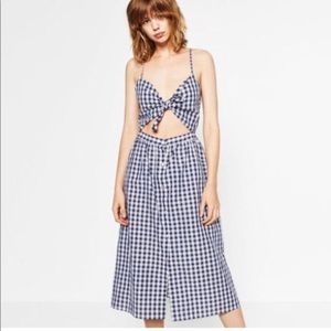 Zara woman gingham tie navy dress size xs